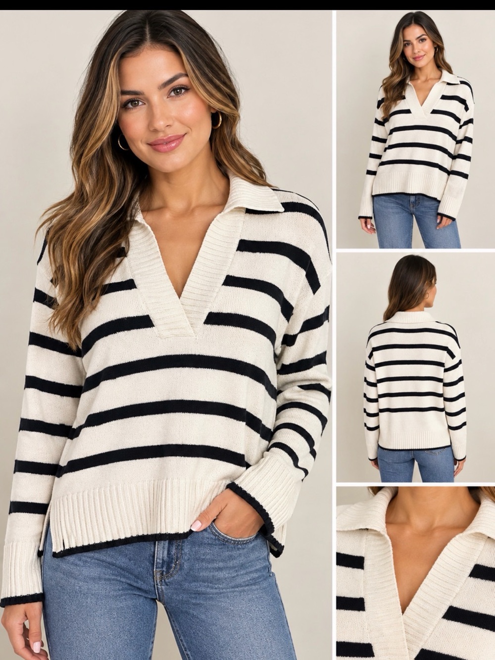 Ellen Tracy Cream and Black Striped V-Neck Sweater